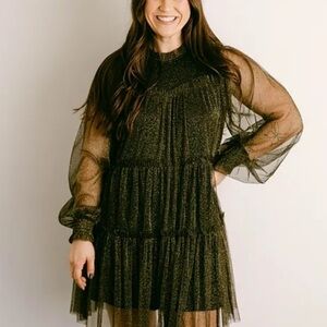 SHIMMERING BLACK GOLD METALLIC BABYDOLL SHEER SLEEVE DRESS NWT SIZE M